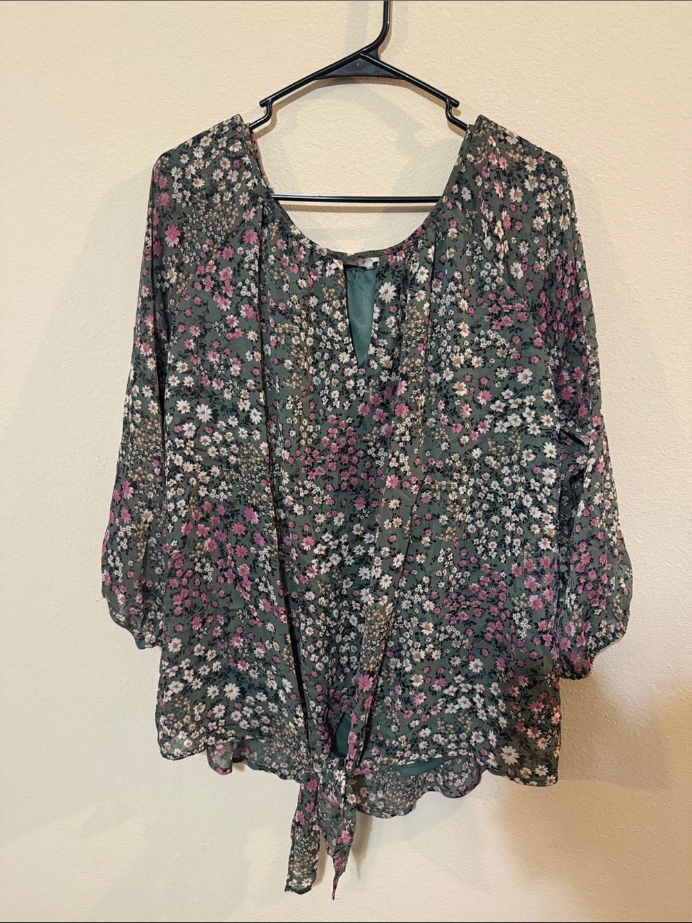 Women's Floral Tie-Front Blouse - Green with Pink & White Flowers